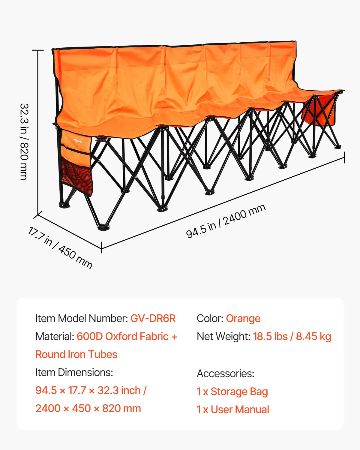 VEVOR Portable Folding Bench, 6 Seat Foldable Soccer Bench with Side Pockets and Carrying Bag, Lightweight Sideline Seating with Back Rest for Football, Baseball, Camping, Outdoor Events, Orange - BKZDYDZY6SEAHY3LG001V0 - view 8