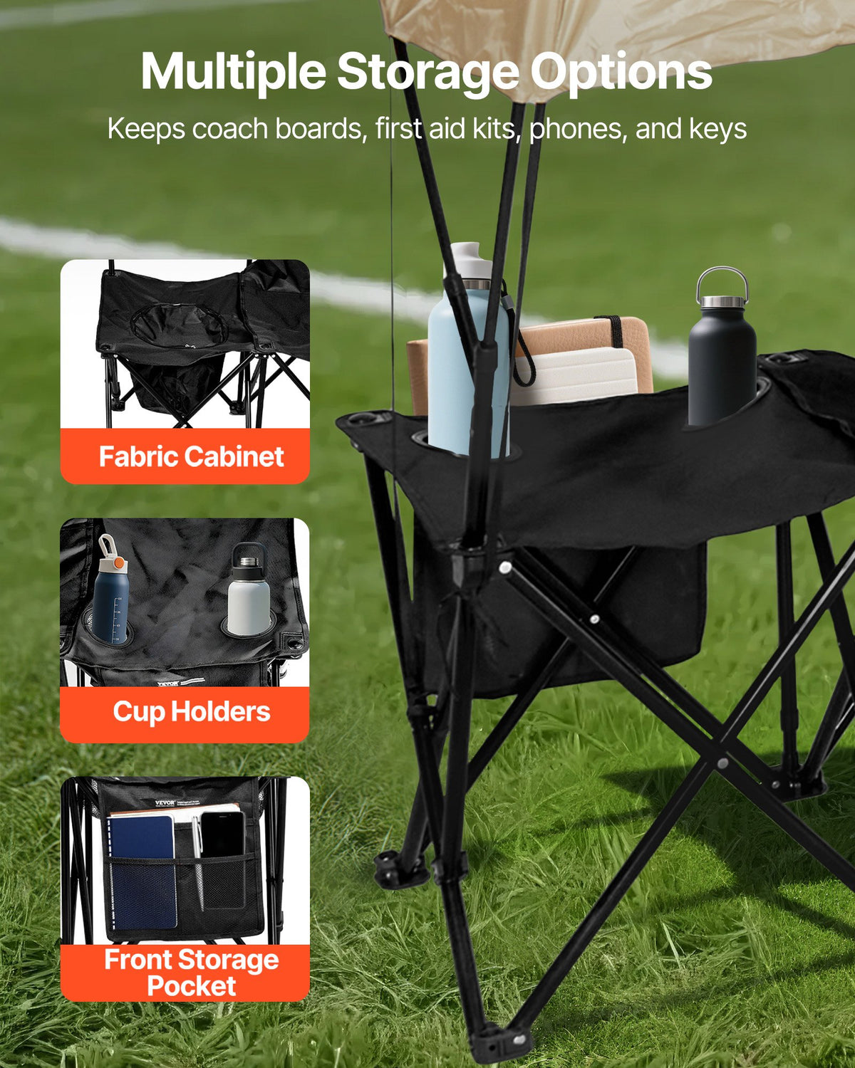 VEVOR Portable Folding Bench, 6 Seat Soccer Bench with Storage Pockets Cup Holders & Carrying Bag, Lightweight Sideline Seating with Sunshade for Football, Baseball, Camping, Outdoor Events, Black - BKZDYDZY6SEAPD3L8001V0 - view 6