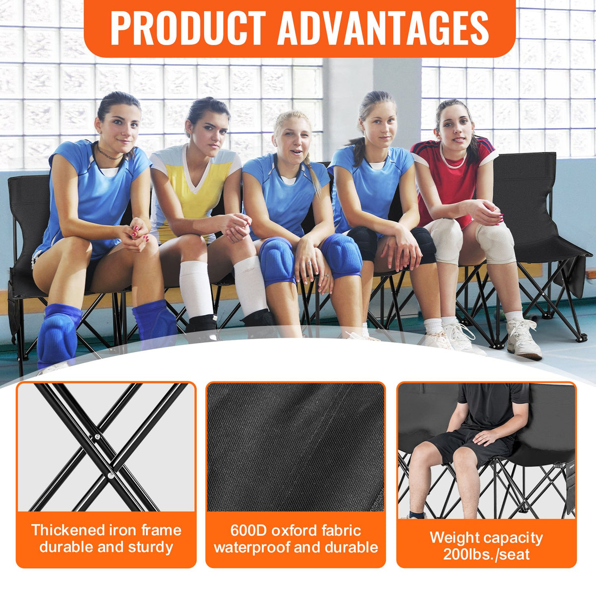 VEVOR Portable Folding Bench, 6 Seat Foldable Soccer Bench with Side Pockets and Carrying Bag, Lightweight Sideline Seating with Back Rest for Football, Baseball, Camping, Outdoor Events, Black - BKZDYDZYDKB6POD7XV0 - view 5