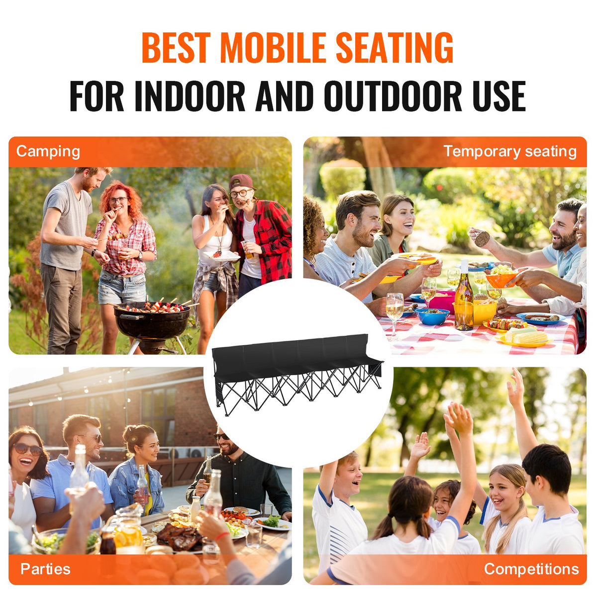VEVOR Portable Folding Bench, 6 Seat Foldable Soccer Bench with Side Pockets and Carrying Bag, Lightweight Sideline Seating with Back Rest for Football, Baseball, Camping, Outdoor Events, Black - BKZDYDZYDKB6POD7XV0 - view 7