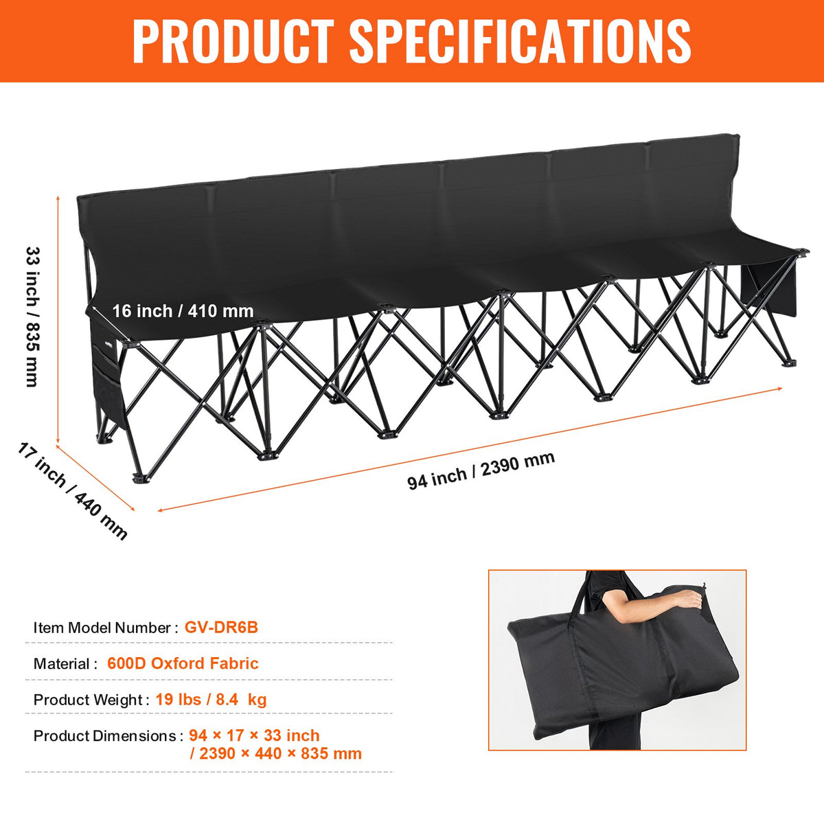 VEVOR Portable Folding Bench, 6 Seat Foldable Soccer Bench with Side Pockets and Carrying Bag, Lightweight Sideline Seating with Back Rest for Football, Baseball, Camping, Outdoor Events, Black - BKZDYDZYDKB6POD7XV0 - view 8