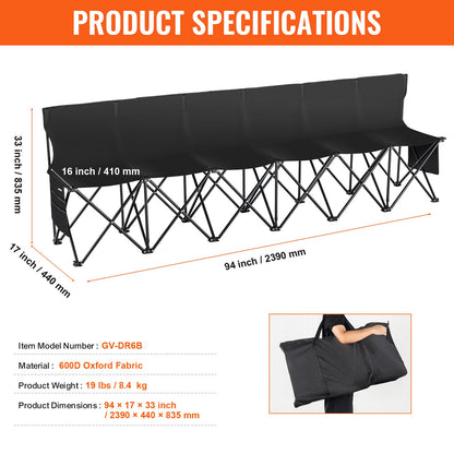 VEVOR Portable Folding Bench, 6 Seat Foldable Soccer Bench with Side Pockets and Carrying Bag, Lightweight Sideline Seating with Back Rest for Football, Baseball, Camping, Outdoor Events, Black - BKZDYDZYDKB6POD7XV0 - view 8