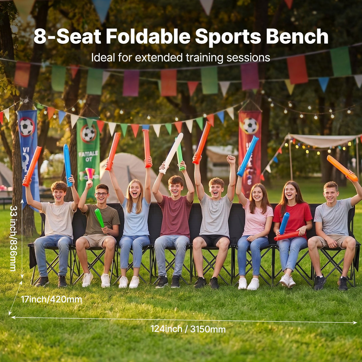 VEVOR Portable Folding Bench, 8 Seat Foldable Soccer Bench with Side Pockets and Carrying Bag, Lightweight Sideline Seating with Back Rest for Football, Baseball, Camping, Outdoor Events, Black - BKZDYDZYDKB84K243V0 - view 3