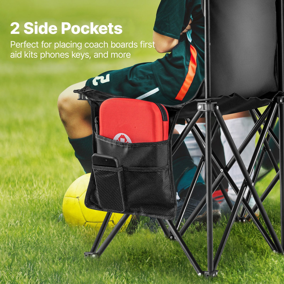 VEVOR Portable Folding Bench, 8 Seat Foldable Soccer Bench with Side Pockets and Carrying Bag, Lightweight Sideline Seating with Back Rest for Football, Baseball, Camping, Outdoor Events, Black - BKZDYDZYDKB84K243V0 - view 4