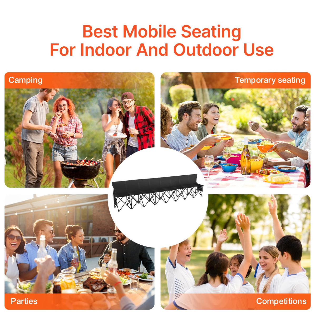 VEVOR Portable Folding Bench, 8 Seat Foldable Soccer Bench with Side Pockets and Carrying Bag, Lightweight Sideline Seating with Back Rest for Football, Baseball, Camping, Outdoor Events, Black - BKZDYDZYDKB84K243V0 - view 7