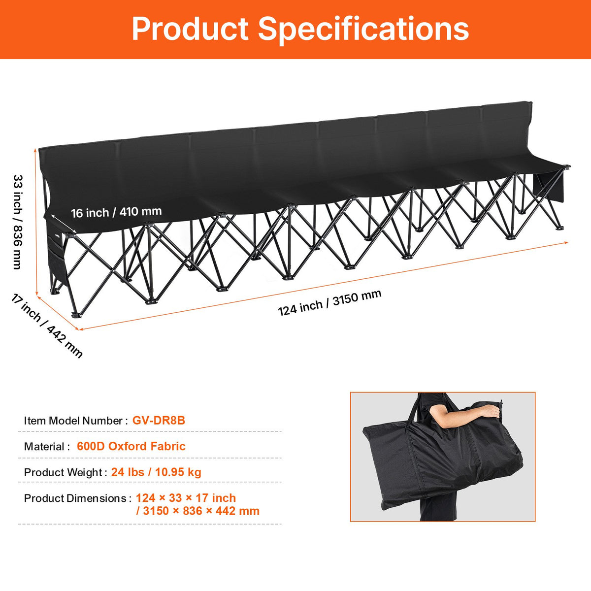 VEVOR Portable Folding Bench, 8 Seat Foldable Soccer Bench with Side Pockets and Carrying Bag, Lightweight Sideline Seating with Back Rest for Football, Baseball, Camping, Outdoor Events, Black - BKZDYDZYDKB84K243V0 - view 8