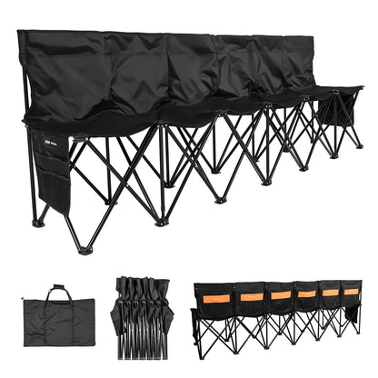 VEVOR Portable Folding Bench, 6 Seat Soccer Bench with Multiple Storage Pockets & Carrying Bag, Lightweight Sideline Seating with Back Rest for Football, Baseball, Camping, Outdoor Events, Black - BKZDYDZYHS6SWXJNP001V0 - view 1