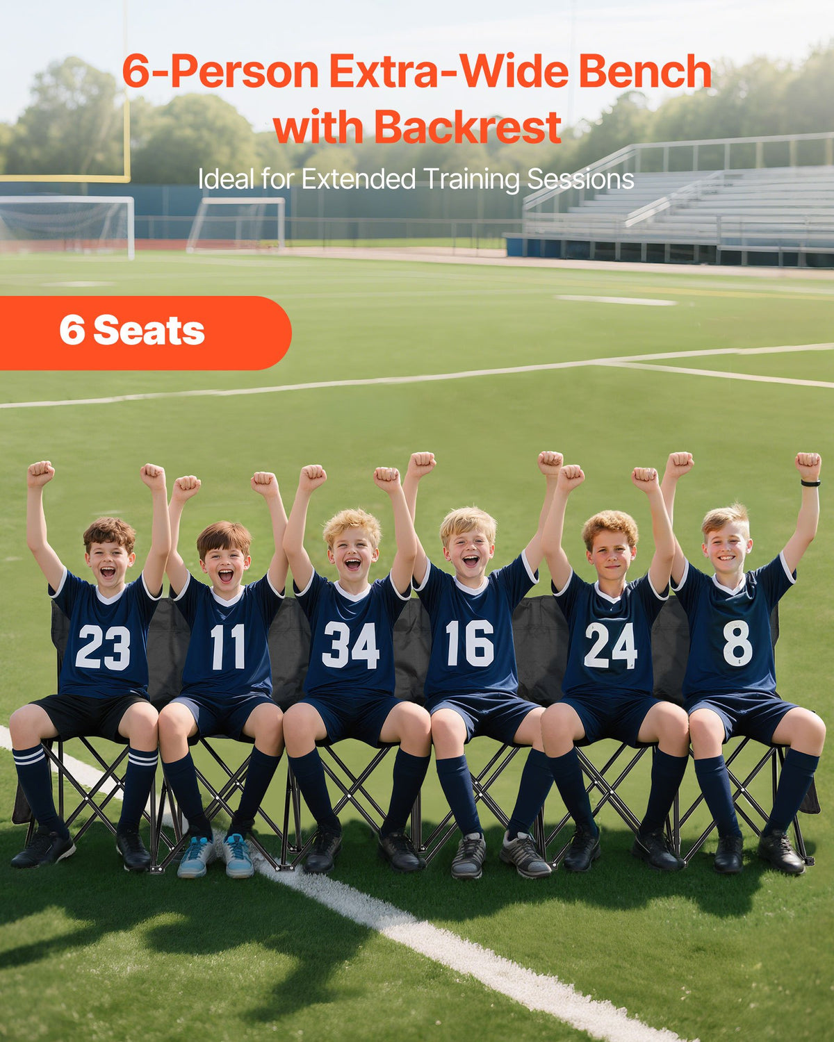 VEVOR Portable Folding Bench, 6 Seat Soccer Bench with Multiple Storage Pockets & Carrying Bag, Lightweight Sideline Seating with Back Rest for Football, Baseball, Camping, Outdoor Events, Black - BKZDYDZYHS6SWXJNP001V0 - view 3