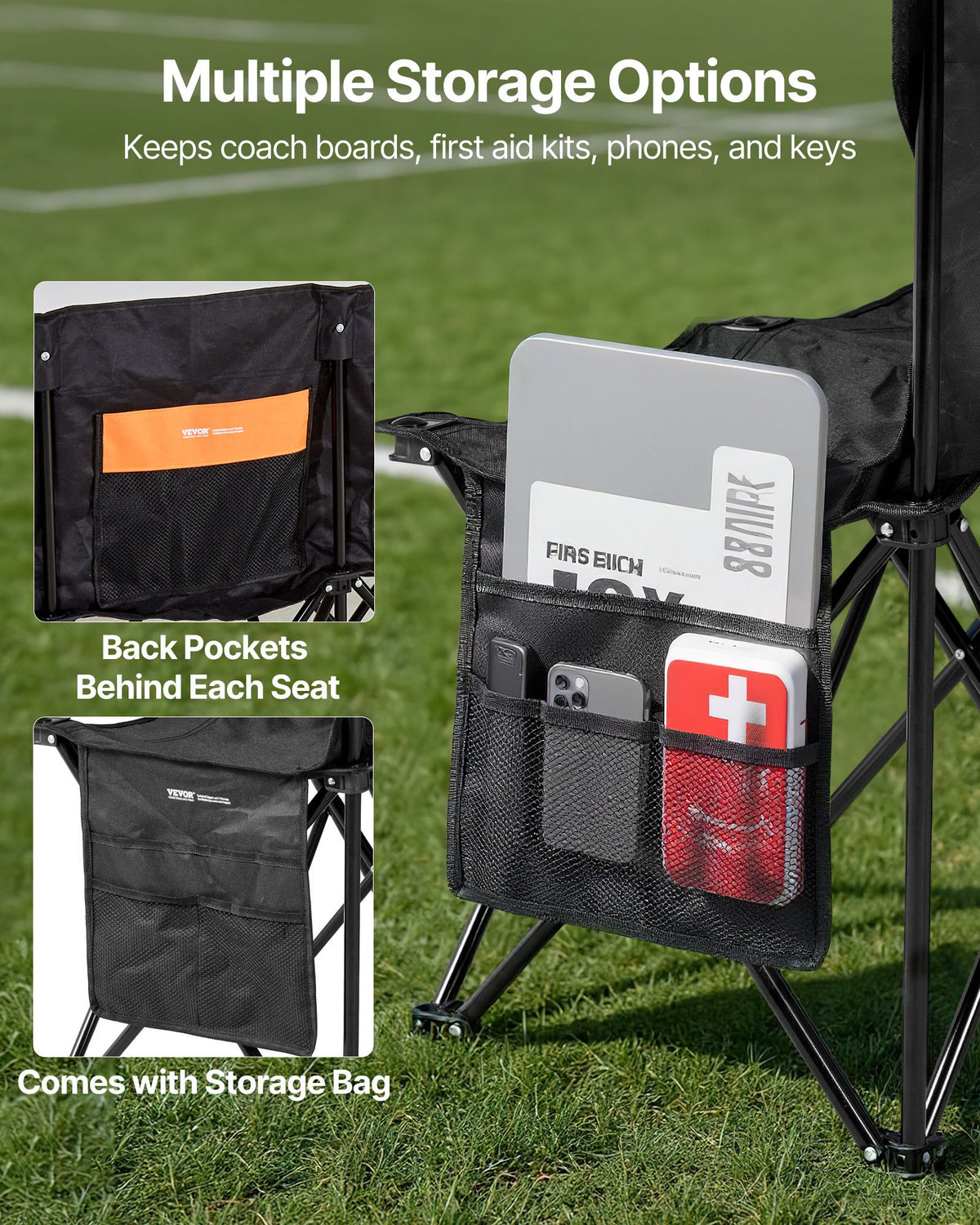 VEVOR Portable Folding Bench, 6 Seat Soccer Bench with Multiple Storage Pockets & Carrying Bag, Lightweight Sideline Seating with Back Rest for Football, Baseball, Camping, Outdoor Events, Black - BKZDYDZYHS6SWXJNP001V0 - view 6