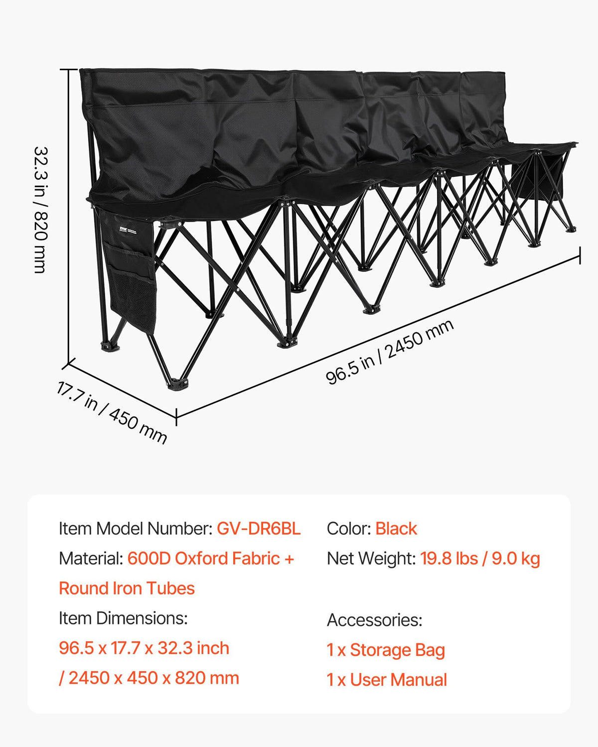 VEVOR Portable Folding Bench, 6 Seat Soccer Bench with Multiple Storage Pockets & Carrying Bag, Lightweight Sideline Seating with Back Rest for Football, Baseball, Camping, Outdoor Events, Black - BKZDYDZYHS6SWXJNP001V0 - view 8
