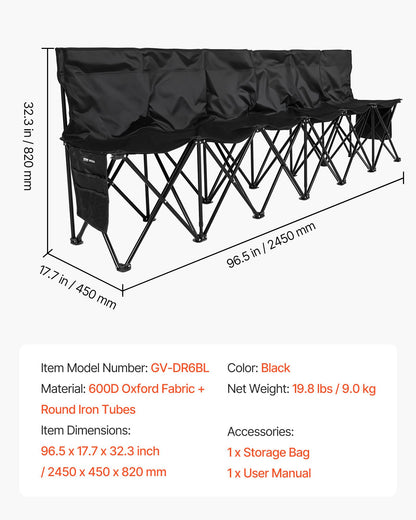 VEVOR Portable Folding Bench, 6 Seat Soccer Bench with Multiple Storage Pockets & Carrying Bag, Lightweight Sideline Seating with Back Rest for Football, Baseball, Camping, Outdoor Events, Black - BKZDYDZYHS6SWXJNP001V0 - view 8