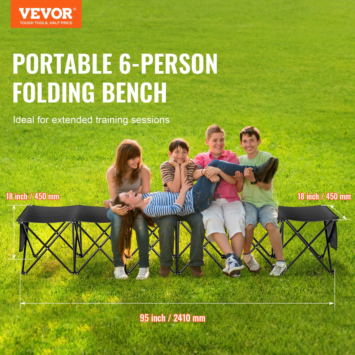 VEVOR Portable Folding Bench, 6 Seat Foldable Soccer Bench with Side Pockets and Carrying Bag, Lightweight 600D Oxford Fabric Sideline Seating, for Football, Baseball, Camping, Outdoor Events, Black - BKZDYDZYWKB6HC79QV0 - view 3