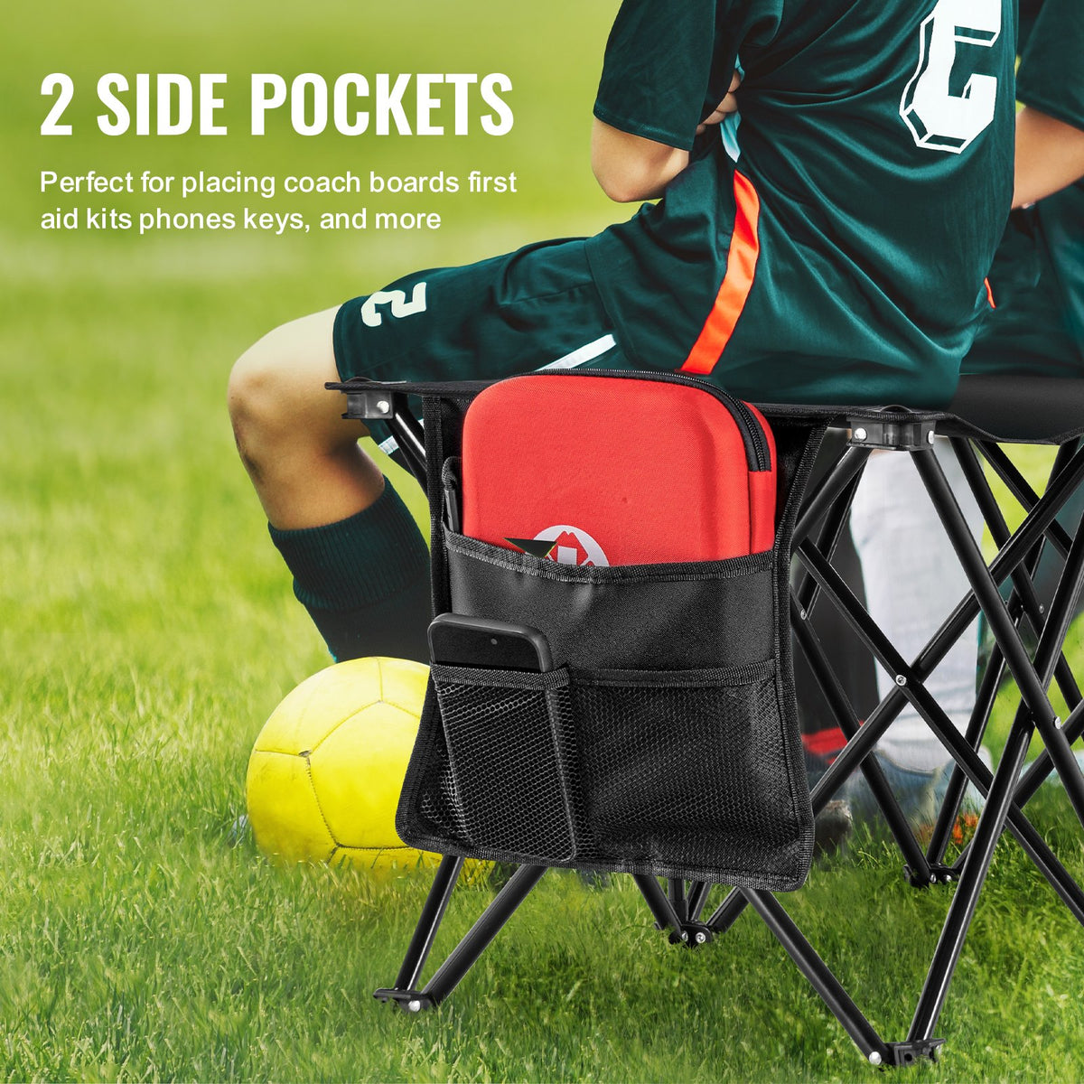 VEVOR Portable Folding Bench, 6 Seat Foldable Soccer Bench with Side Pockets and Carrying Bag, Lightweight 600D Oxford Fabric Sideline Seating, for Football, Baseball, Camping, Outdoor Events, Black - BKZDYDZYWKB6HC79QV0 - view 4
