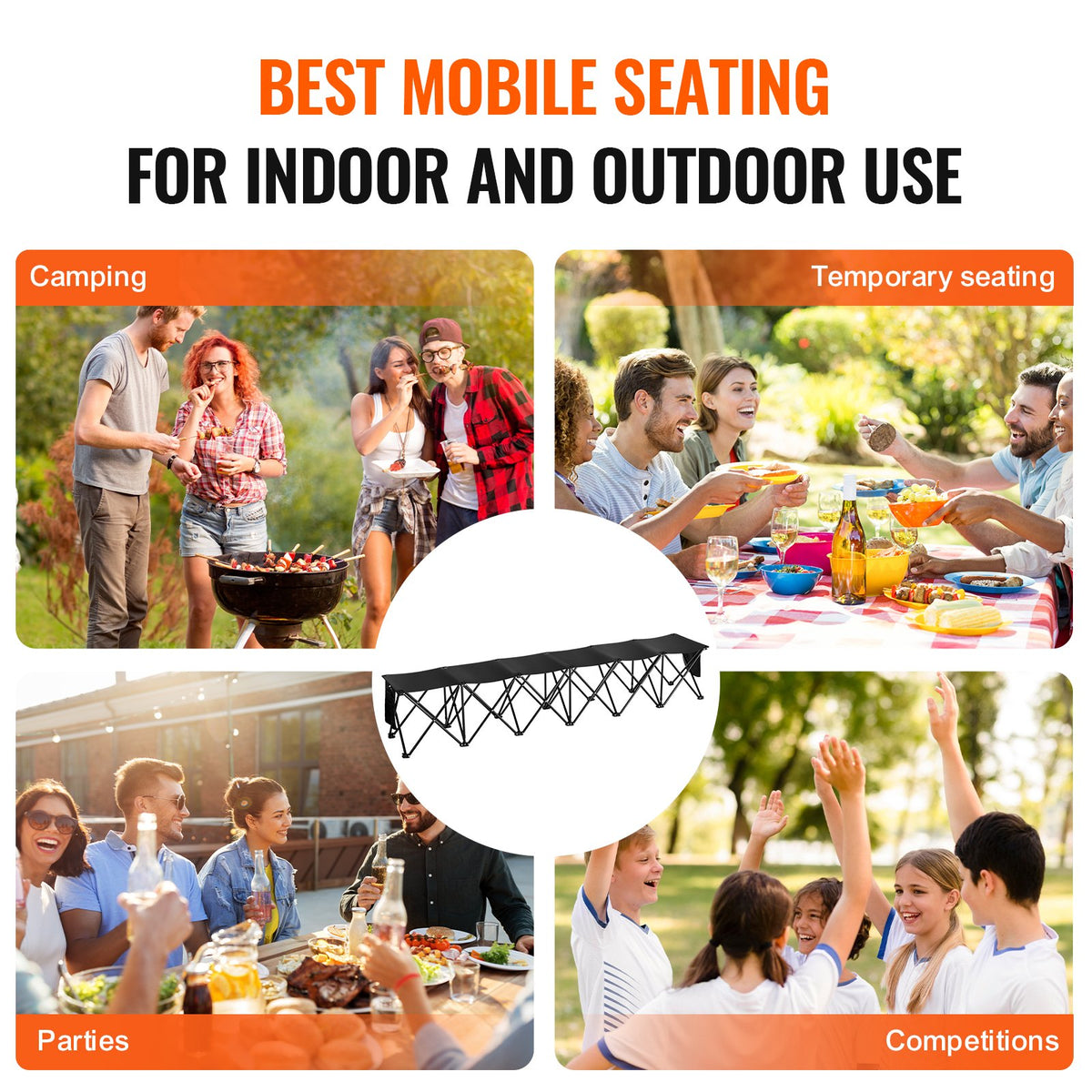VEVOR Portable Folding Bench, 6 Seat Foldable Soccer Bench with Side Pockets and Carrying Bag, Lightweight 600D Oxford Fabric Sideline Seating, for Football, Baseball, Camping, Outdoor Events, Black - BKZDYDZYWKB6HC79QV0 - view 7