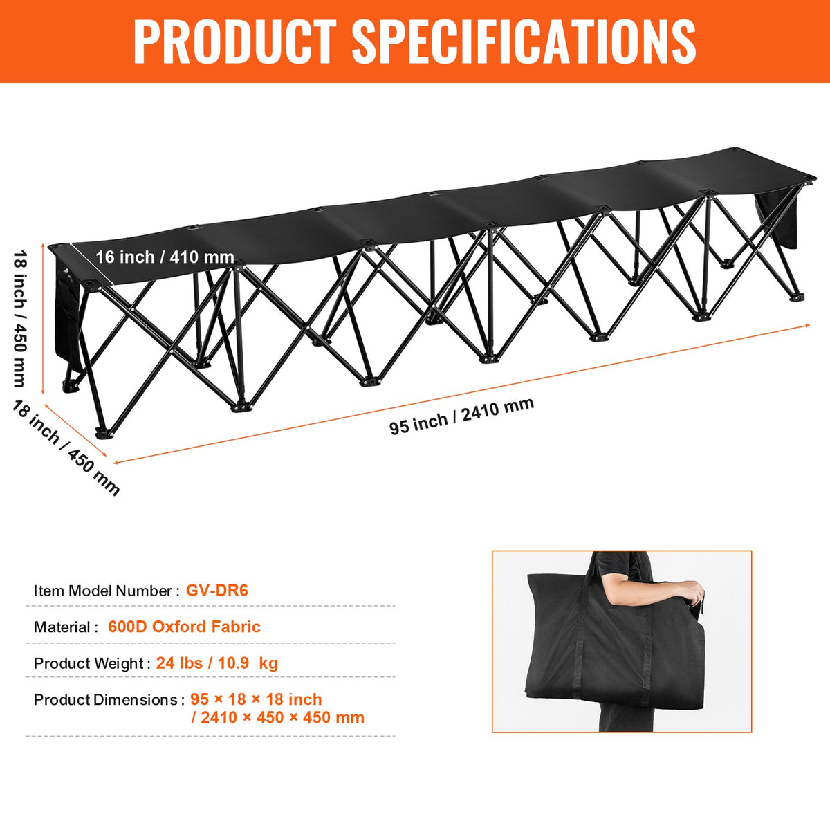 VEVOR Portable Folding Bench, 6 Seat Foldable Soccer Bench with Side Pockets and Carrying Bag, Lightweight 600D Oxford Fabric Sideline Seating, for Football, Baseball, Camping, Outdoor Events, Black - BKZDYDZYWKB6HC79QV0 - view 8