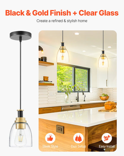 VEVOR 1-Light Pendant Light, 2 Pack, Kitchen Island Lights with Clear Glass Shade & Hanging Cord, Black and Gold Finish, Adjustable Height, Pendant Lighting for Bedroom, Hallway, Entryway, Kitchen - BLDDD2J0000067A62001V6 - view 3