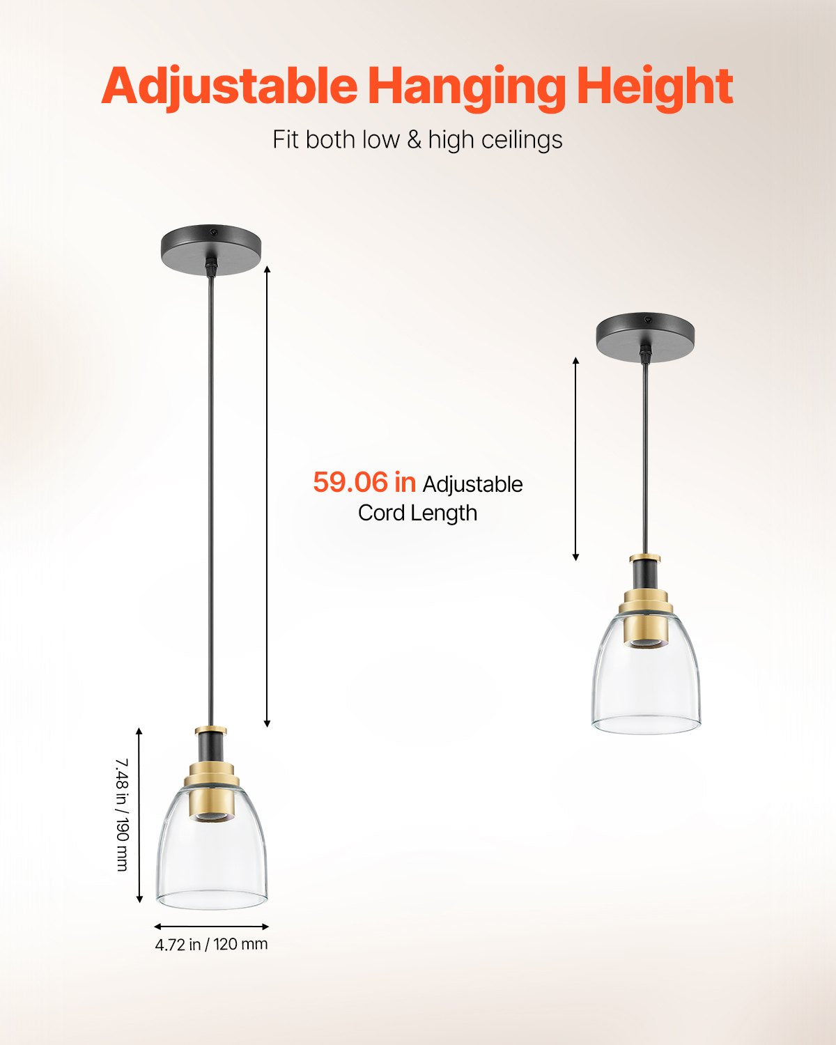VEVOR 1-Light Pendant Light, 2 Pack, Kitchen Island Lights with Clear Glass Shade & Hanging Cord, Black and Gold Finish, Adjustable Height, Pendant Lighting for Bedroom, Hallway, Entryway, Kitchen - BLDDD2J0000067A62001V6 - view 4