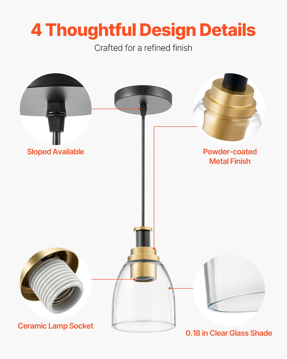 VEVOR 1-Light Pendant Light, 2 Pack, Kitchen Island Lights with Clear Glass Shade & Hanging Cord, Black and Gold Finish, Adjustable Height, Pendant Lighting for Bedroom, Hallway, Entryway, Kitchen - BLDDD2J0000067A62001V6 - view 5