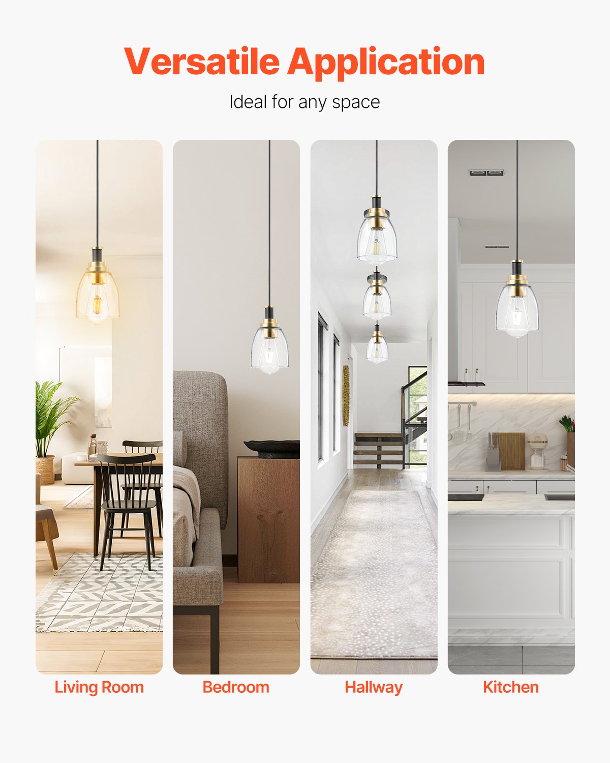 VEVOR 1-Light Pendant Light, 2 Pack, Kitchen Island Lights with Clear Glass Shade & Hanging Cord, Black and Gold Finish, Adjustable Height, Pendant Lighting for Bedroom, Hallway, Entryway, Kitchen - BLDDD2J0000067A62001V6 - view 7