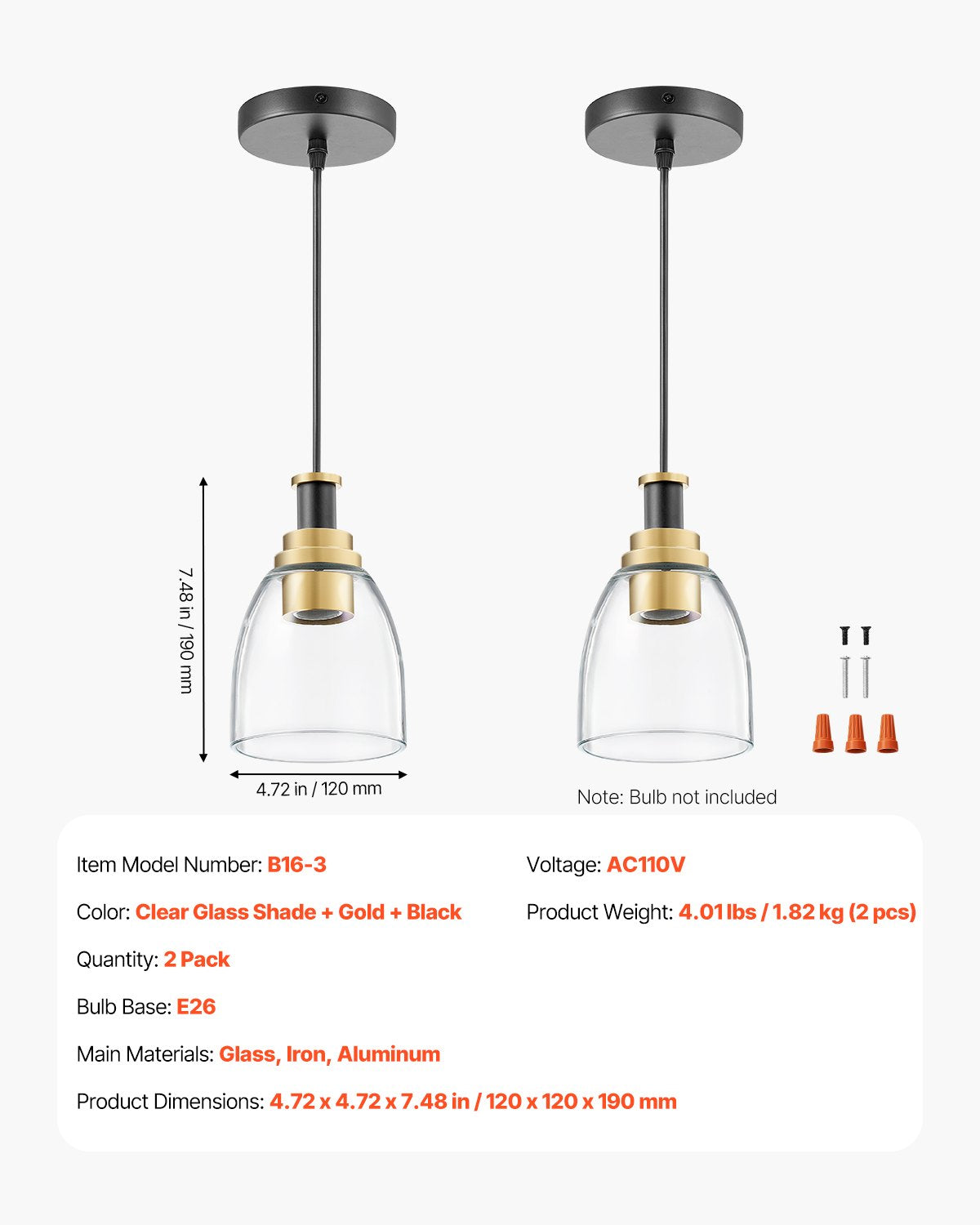 VEVOR 1-Light Pendant Light, 2 Pack, Kitchen Island Lights with Clear Glass Shade & Hanging Cord, Black and Gold Finish, Adjustable Height, Pendant Lighting for Bedroom, Hallway, Entryway, Kitchen - BLDDD2J0000067A62001V6 - view 8