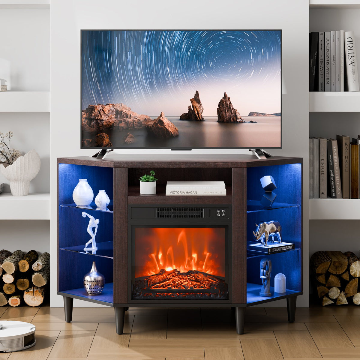 VEVOR Electric Fireplace TV Stand, Corner TV Stand for TVs up to 50", Corner Console with 18" Fireplace, Vintage Design, 20 LED Lights, Remote Control & Timer for Living Room, Brown - BLDSJ48CDSJ1C6RMFV1 - view 1