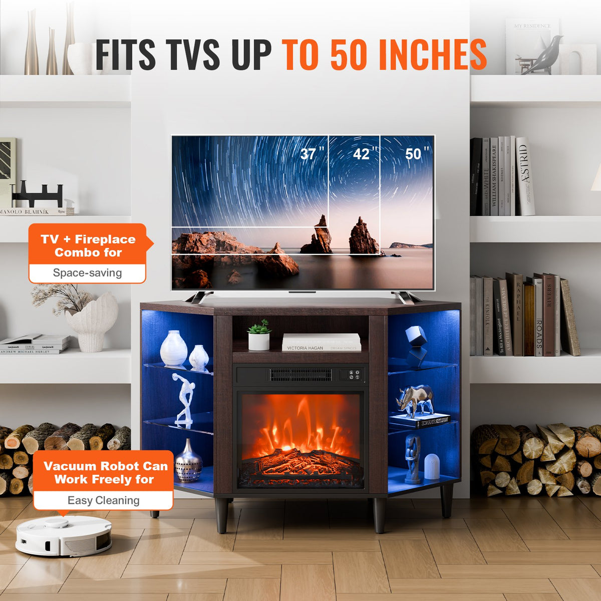 VEVOR Electric Fireplace TV Stand, Corner TV Stand for TVs up to 50", Corner Console with 18" Fireplace, Vintage Design, 20 LED Lights, Remote Control & Timer for Living Room, Brown - BLDSJ48CDSJ1C6RMFV1 - view 7