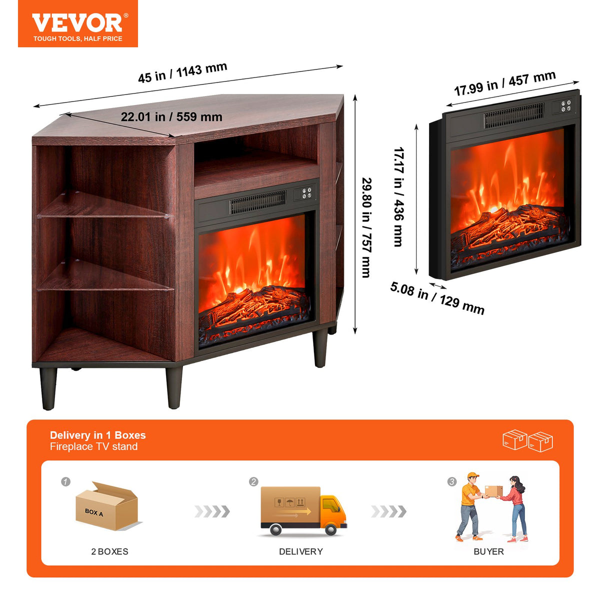 VEVOR Electric Fireplace TV Stand, Corner TV Stand for TVs up to 50", Corner Console with 18" Fireplace, Vintage Design, 20 LED Lights, Remote Control & Timer for Living Room, Brown - BLDSJ48CDSJ1C6RMFV1 - view 8