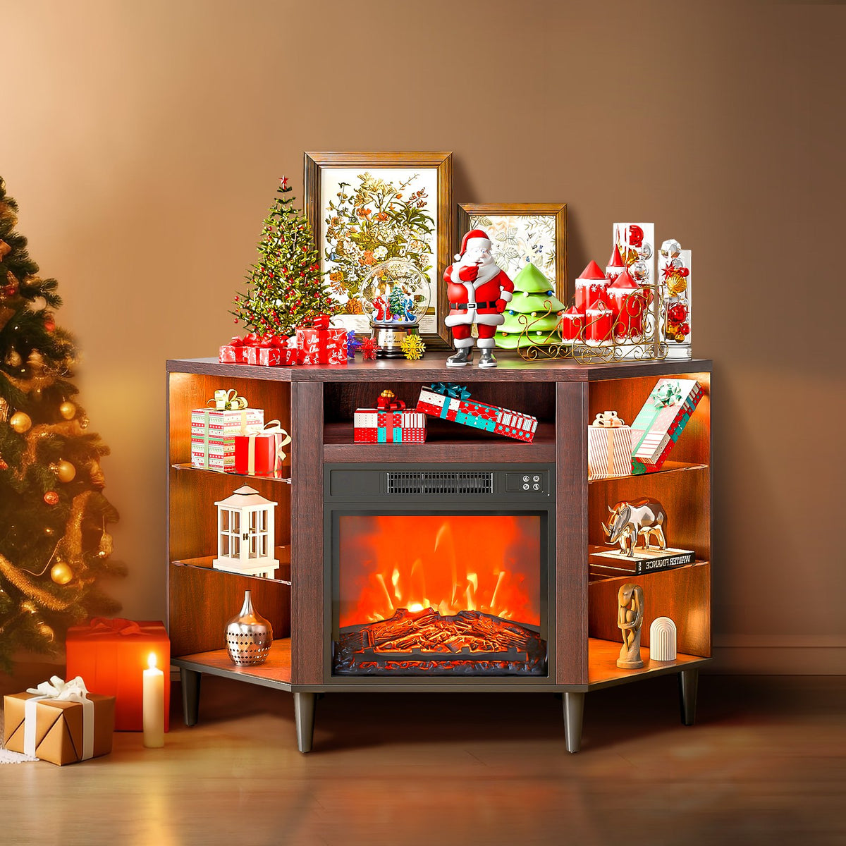VEVOR Electric Fireplace TV Stand, Corner TV Stand for TVs up to 50", Corner Console with 18" Fireplace, Vintage Design, 20 LED Lights, Remote Control & Timer for Living Room, Brown - BLDSJ48CDSJ1C6RMFV1 - view 9