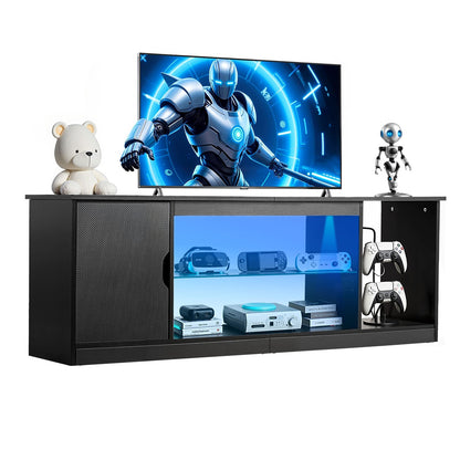 VEVOR TV Stand for TVs up to 65 inch, Modern Entertainment Center with Light Strip, Wooden TV Cabinet Storage with Glass Shelf and Adjustable Shelves, Console Table for Living Room and Bedroom, Black - BLDSJ58INCHB8FGV9001V9 - view 1