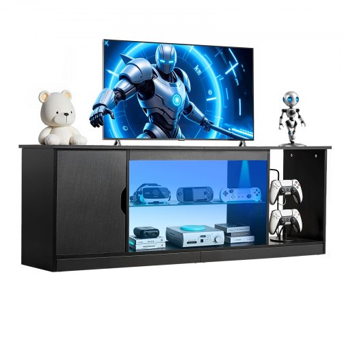 VEVOR TV Stand for TVs up to 65 inch, Modern Entertainment Center with Light Strip, Wooden TV Cabinet Storage with Glass Shelf and Adjustable Shelves, Console Table for Living Room and Bedroom, Black - BLDSJ58INCHB8FGV9001V9 - view 2