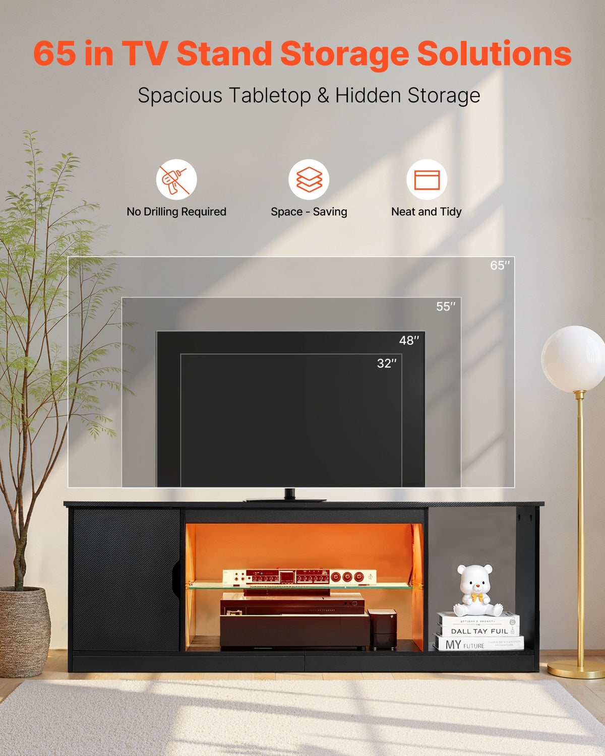 VEVOR TV Stand for TVs up to 65 inch, Modern Entertainment Center with Light Strip, Wooden TV Cabinet Storage with Glass Shelf and Adjustable Shelves, Console Table for Living Room and Bedroom, Black - BLDSJ58INCHB8FGV9001V9 - view 3