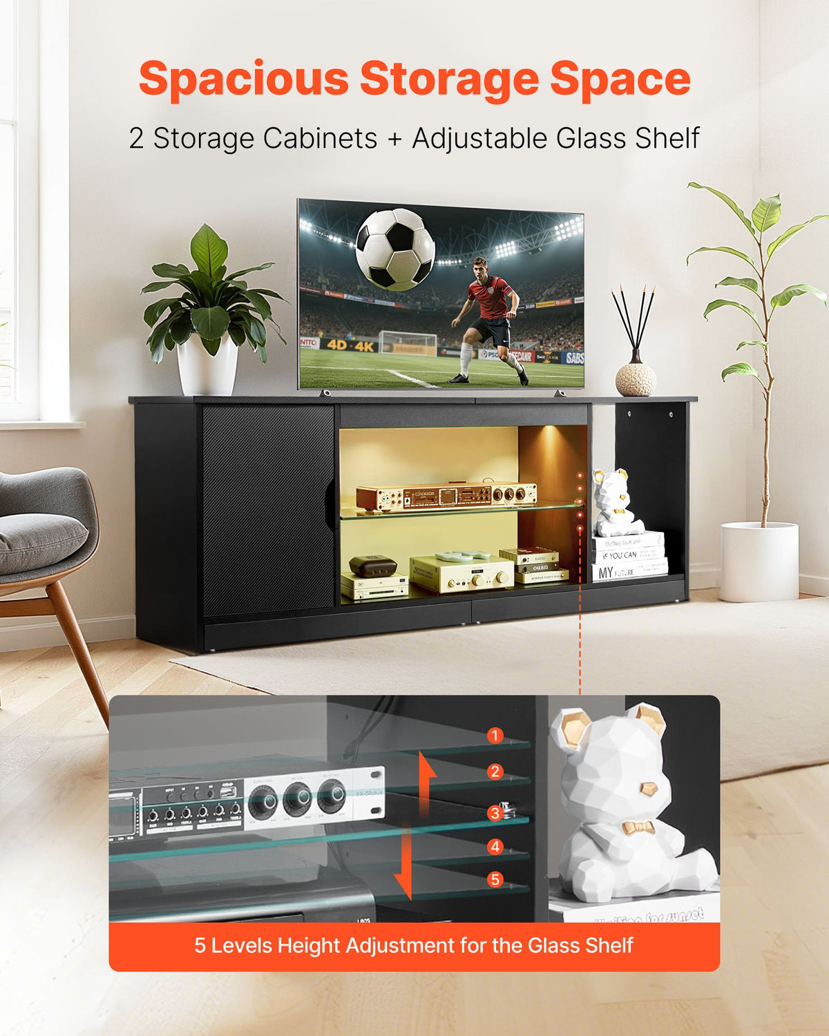 VEVOR TV Stand for TVs up to 65 inch, Modern Entertainment Center with Light Strip, Wooden TV Cabinet Storage with Glass Shelf and Adjustable Shelves, Console Table for Living Room and Bedroom, Black - BLDSJ58INCHB8FGV9001V9 - view 4