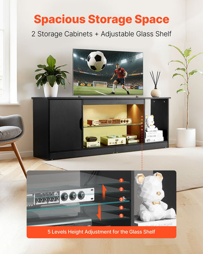 VEVOR TV Stand for TVs up to 65 inch, Modern Entertainment Center with Light Strip, Wooden TV Cabinet Storage with Glass Shelf and Adjustable Shelves, Console Table for Living Room and Bedroom, Black - BLDSJ58INCHB8FGV9001V9 - view 4