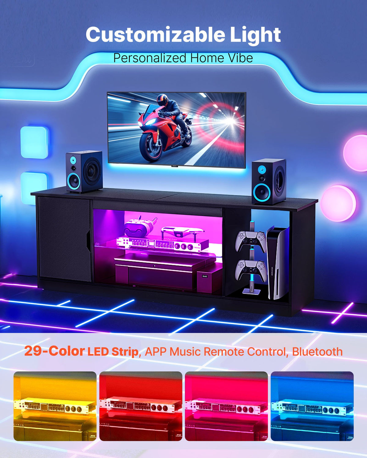 VEVOR TV Stand for TVs up to 65 inch, Modern Entertainment Center with Light Strip, Wooden TV Cabinet Storage with Glass Shelf and Adjustable Shelves, Console Table for Living Room and Bedroom, Black - BLDSJ58INCHB8FGV9001V9 - view 5