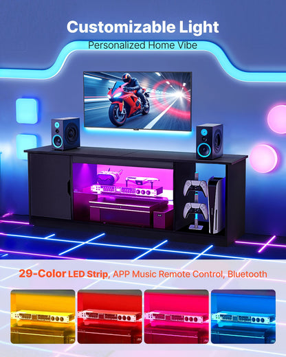 VEVOR TV Stand for TVs up to 65 inch, Modern Entertainment Center with Light Strip, Wooden TV Cabinet Storage with Glass Shelf and Adjustable Shelves, Console Table for Living Room and Bedroom, Black - BLDSJ58INCHB8FGV9001V9 - view 5