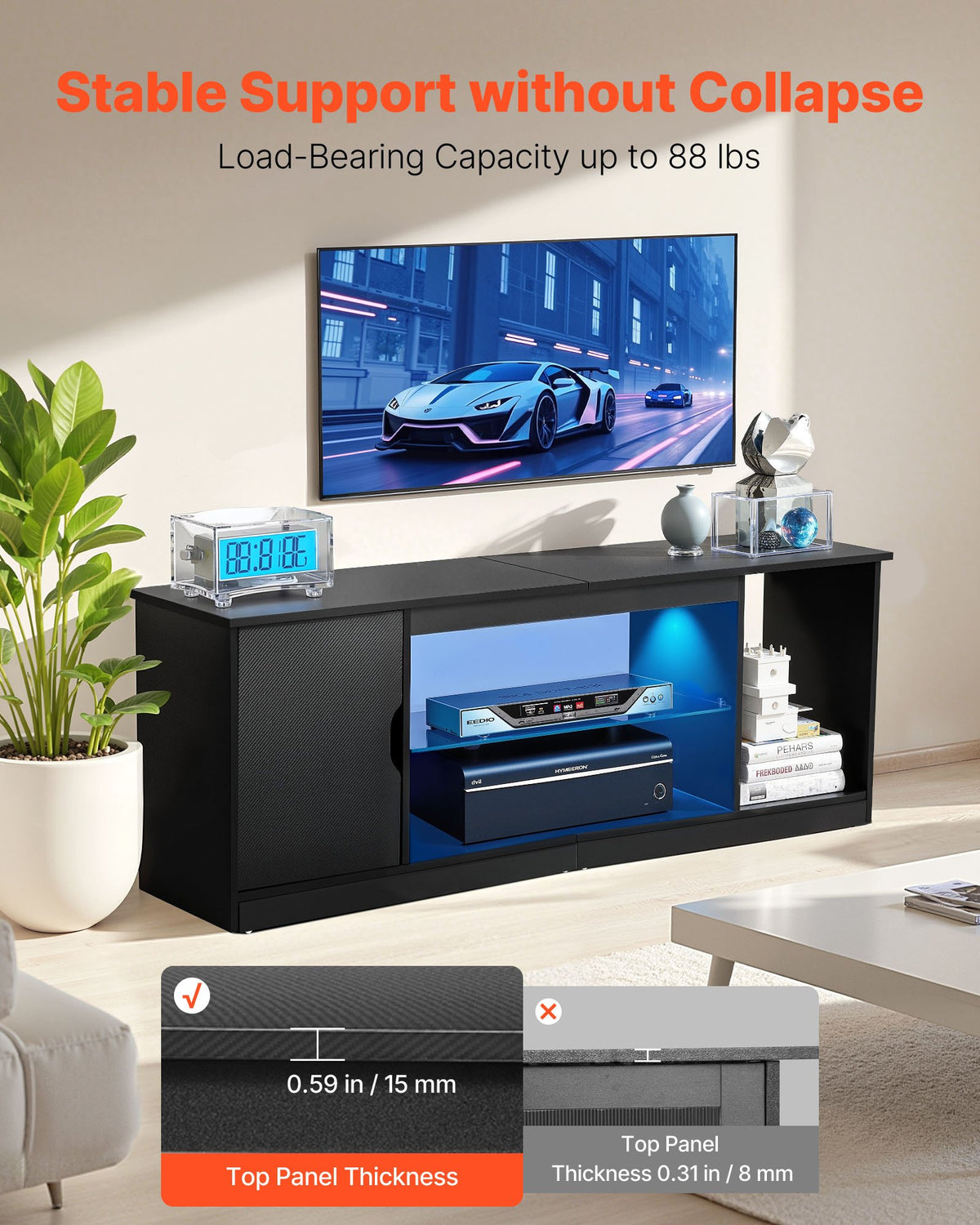 VEVOR TV Stand for TVs up to 65 inch, Modern Entertainment Center with Light Strip, Wooden TV Cabinet Storage with Glass Shelf and Adjustable Shelves, Console Table for Living Room and Bedroom, Black - BLDSJ58INCHB8FGV9001V9 - view 6