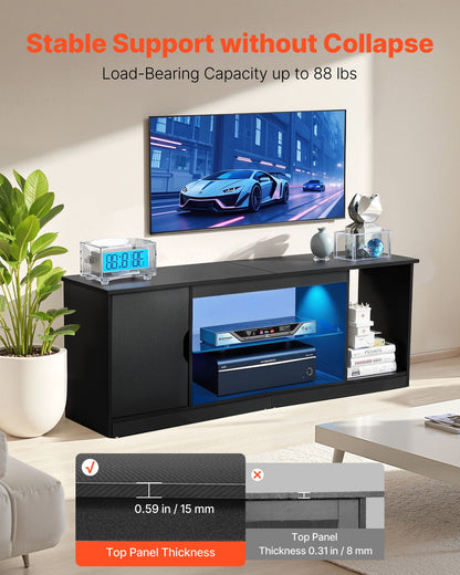 VEVOR TV Stand for TVs up to 65 inch, Modern Entertainment Center with Light Strip, Wooden TV Cabinet Storage with Glass Shelf and Adjustable Shelves, Console Table for Living Room and Bedroom, Black - BLDSJ58INCHB8FGV9001V9 - view 6