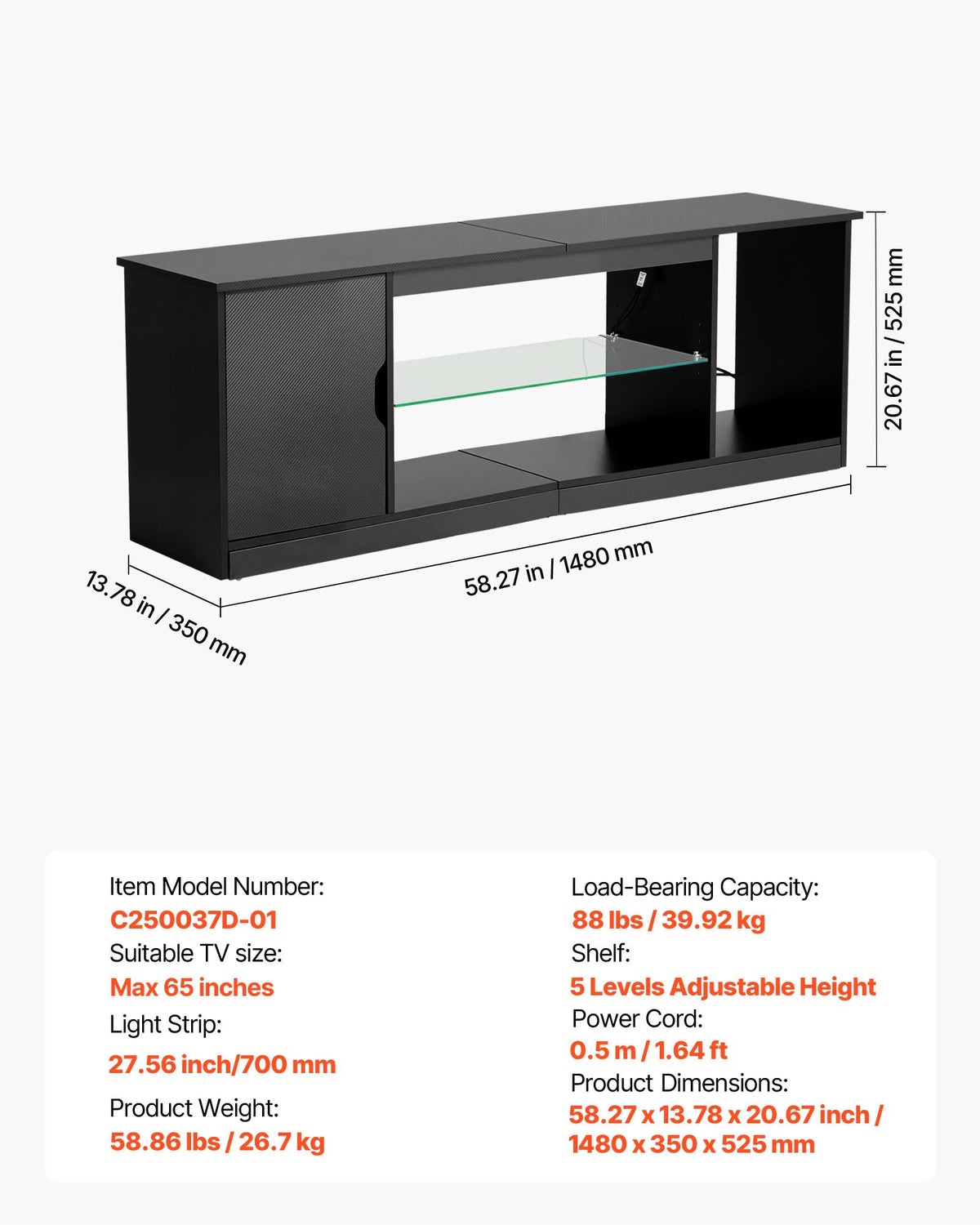 VEVOR TV Stand for TVs up to 65 inch, Modern Entertainment Center with Light Strip, Wooden TV Cabinet Storage with Glass Shelf and Adjustable Shelves, Console Table for Living Room and Bedroom, Black - BLDSJ58INCHB8FGV9001V9 - view 8