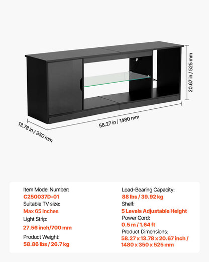 VEVOR TV Stand for TVs up to 65 inch, Modern Entertainment Center with Light Strip, Wooden TV Cabinet Storage with Glass Shelf and Adjustable Shelves, Console Table for Living Room and Bedroom, Black - BLDSJ58INCHB8FGV9001V9 - view 8
