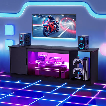 VEVOR TV Stand for TVs up to 65 inch, Modern Entertainment Center with Light Strip, Wooden TV Cabinet Storage with Glass Shelf and Adjustable Shelves, Console Table for Living Room and Bedroom, Black - BLDSJ58INCHB8FGV9001V9 - view 9