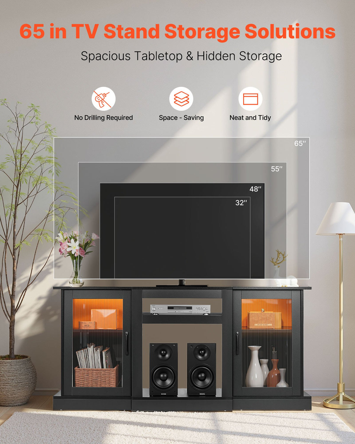 VEVOR TV Stand for TVs up to 65 inch, Modern Entertainment Center with Light Strip, Wooden TV Cabinet Storage with Glass Doors and Adjustable Shelves, Console Table for Living Room and Bedroom, Black - BLDSJ58INCHY225CM001V9 - view 3