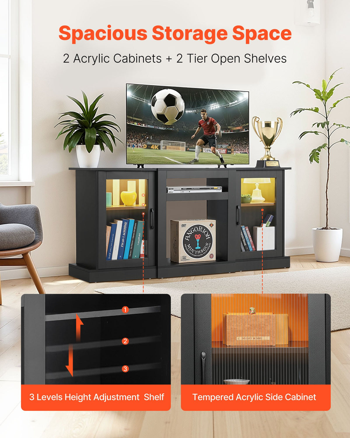 VEVOR TV Stand for TVs up to 65 inch, Modern Entertainment Center with Light Strip, Wooden TV Cabinet Storage with Glass Doors and Adjustable Shelves, Console Table for Living Room and Bedroom, Black - BLDSJ58INCHY225CM001V9 - view 4