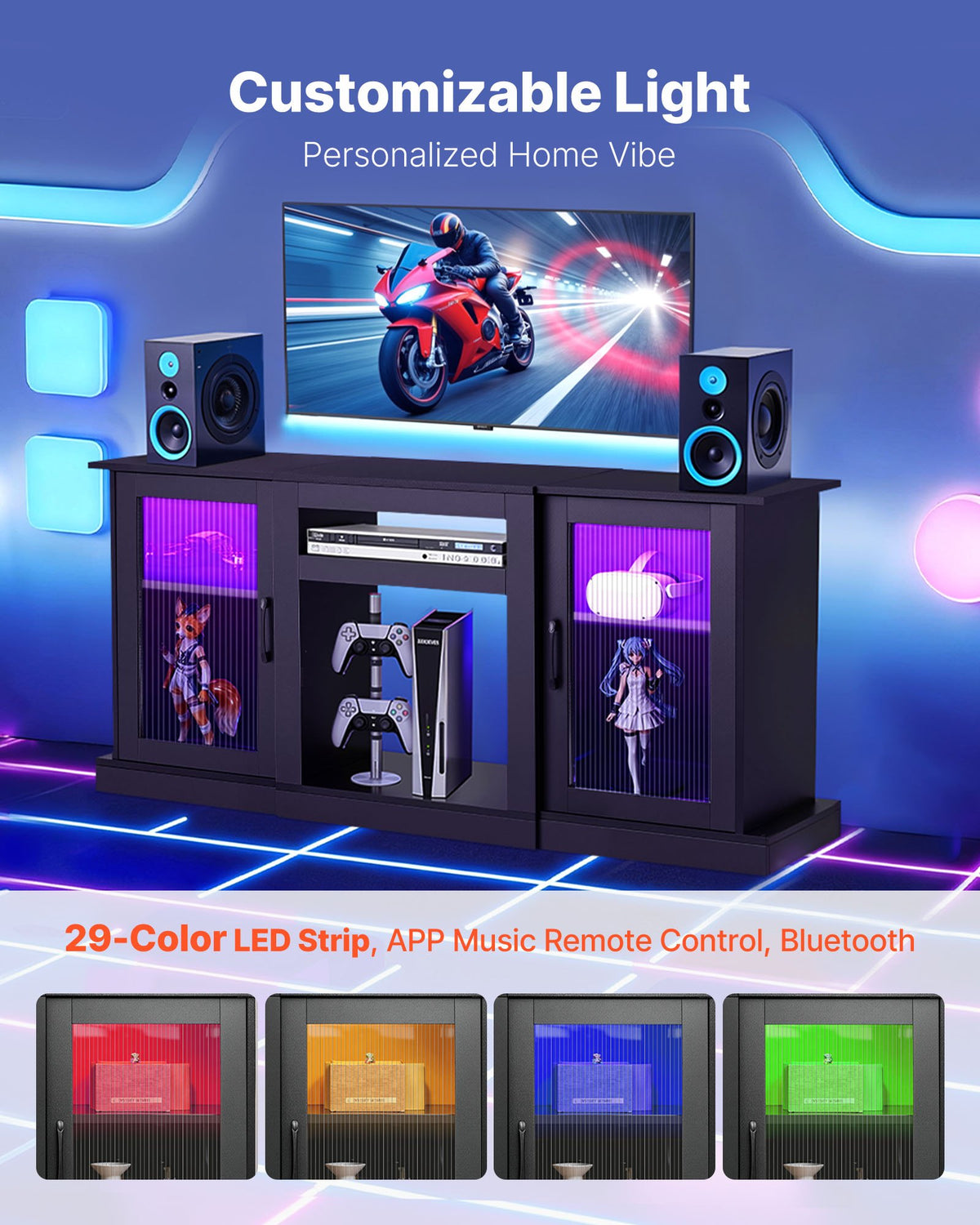 VEVOR TV Stand for TVs up to 65 inch, Modern Entertainment Center with Light Strip, Wooden TV Cabinet Storage with Glass Doors and Adjustable Shelves, Console Table for Living Room and Bedroom, Black - BLDSJ58INCHY225CM001V9 - view 5