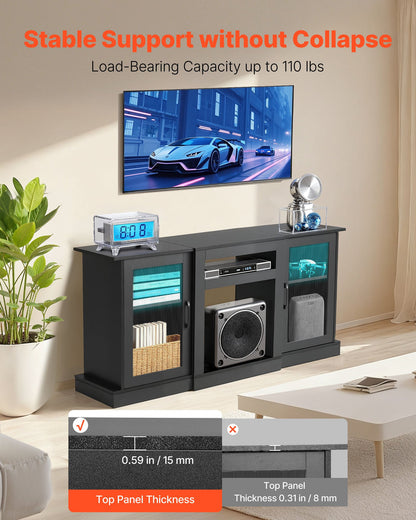 VEVOR TV Stand for TVs up to 65 inch, Modern Entertainment Center with Light Strip, Wooden TV Cabinet Storage with Glass Doors and Adjustable Shelves, Console Table for Living Room and Bedroom, Black - BLDSJ58INCHY225CM001V9 - view 6