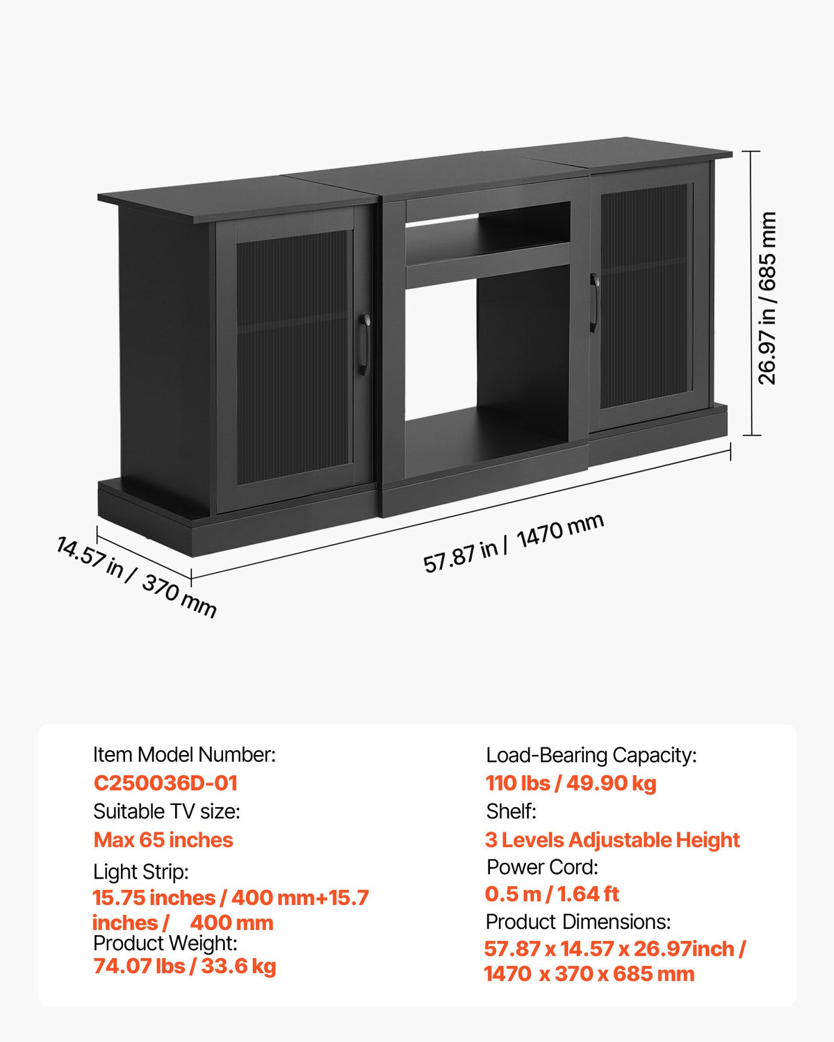 VEVOR TV Stand for TVs up to 65 inch, Modern Entertainment Center with Light Strip, Wooden TV Cabinet Storage with Glass Doors and Adjustable Shelves, Console Table for Living Room and Bedroom, Black - BLDSJ58INCHY225CM001V9 - view 8