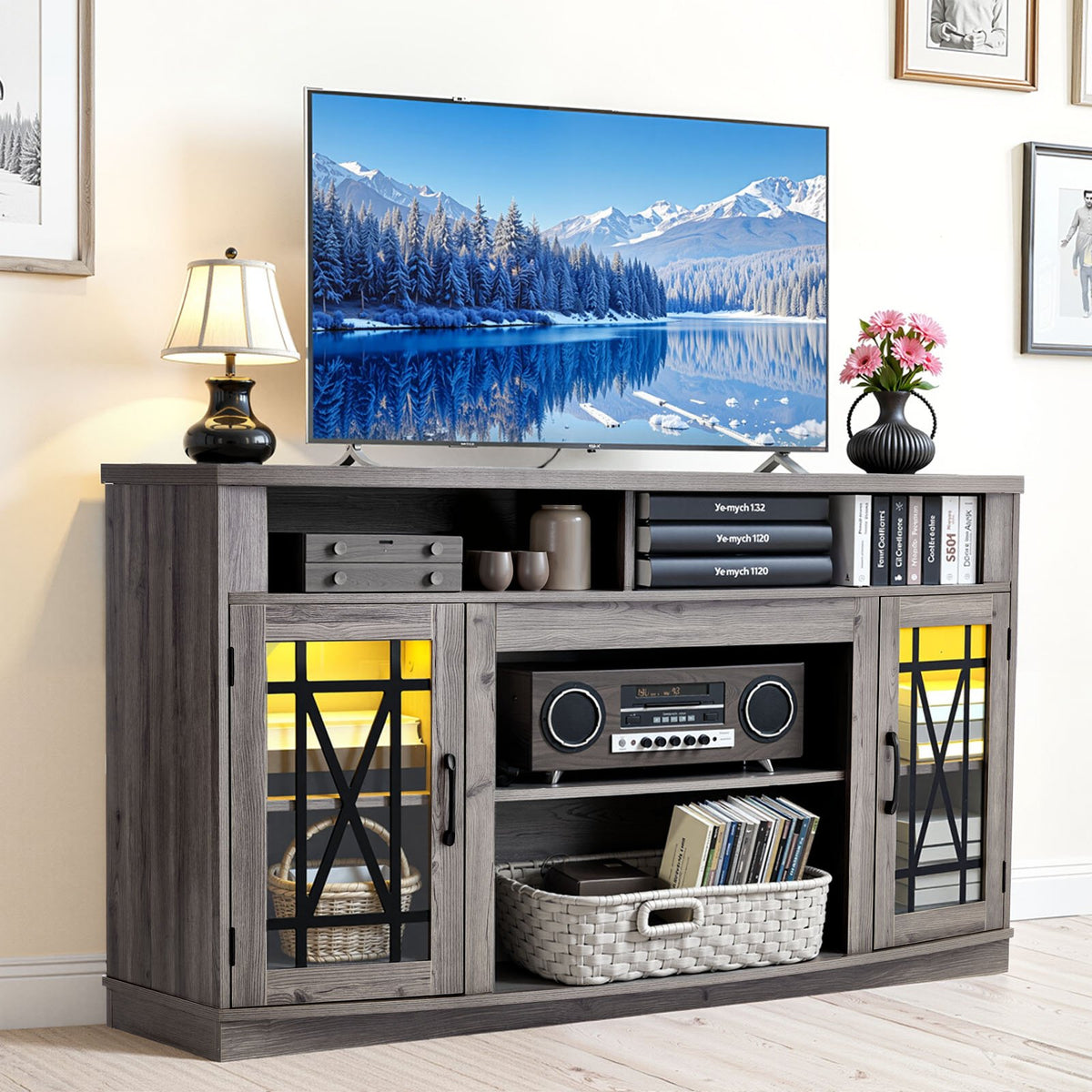VEVOR TV Stand for TVs up to 65 inch, Farmhouse Entertainment Center with Light Strip, Wooden TV Cabinet Storage with Glass Doors and Adjustable Shelves, Console Table for Living Room, Bedroom, Gray - BLDSJ59INCHB9YBN4001V9 - view 1