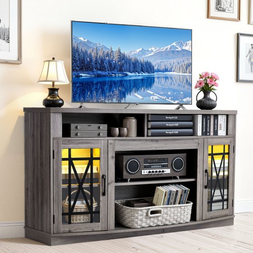 VEVOR TV Stand for TVs up to 65 inch, Farmhouse Entertainment Center with Light Strip, Wooden TV Cabinet Storage with Glass Doors and Adjustable Shelves, Console Table for Living Room, Bedroom, Gray - BLDSJ59INCHB9YBN4001V9 - view 2