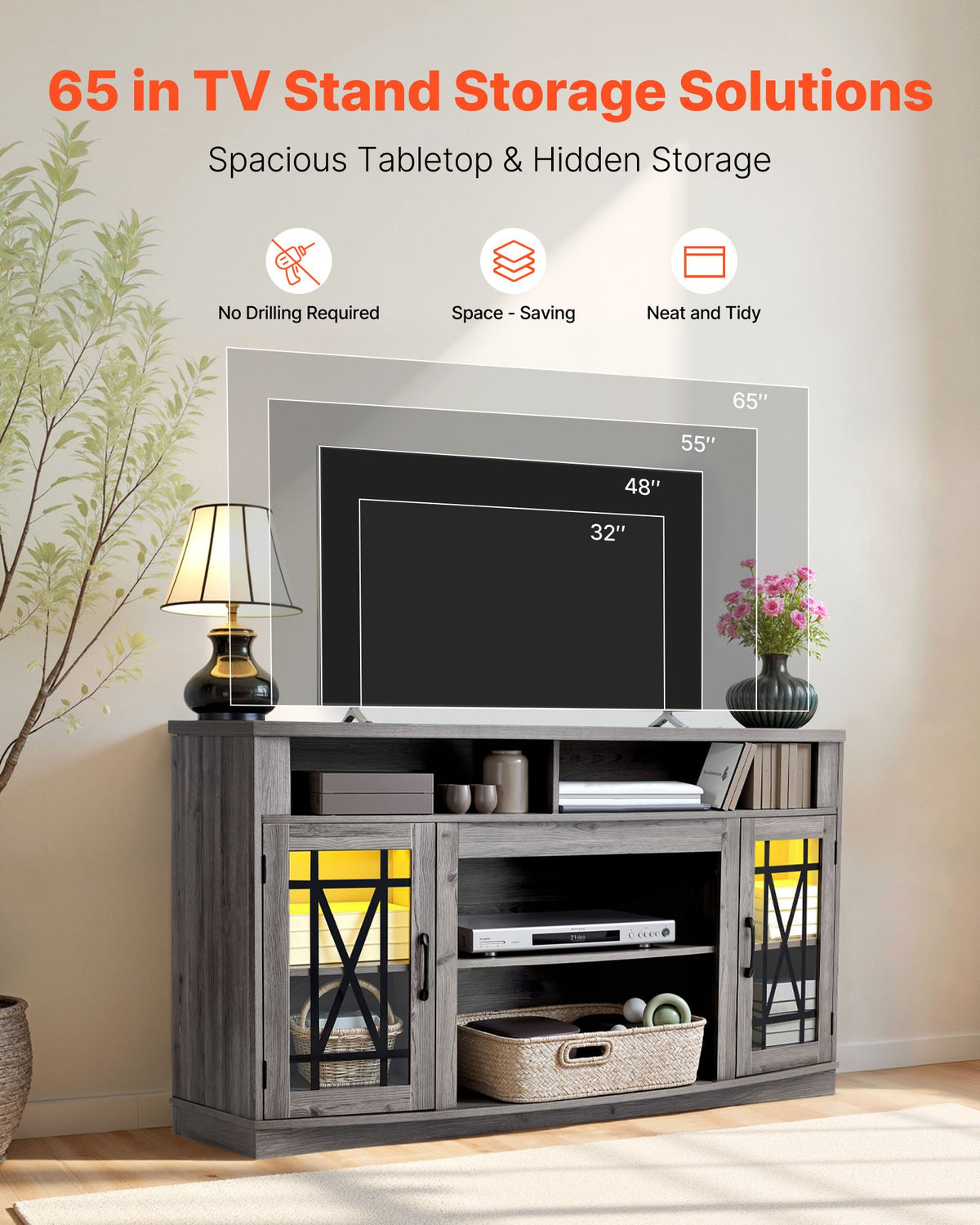VEVOR TV Stand for TVs up to 65 inch, Farmhouse Entertainment Center with Light Strip, Wooden TV Cabinet Storage with Glass Doors and Adjustable Shelves, Console Table for Living Room, Bedroom, Gray - BLDSJ59INCHB9YBN4001V9 - view 3