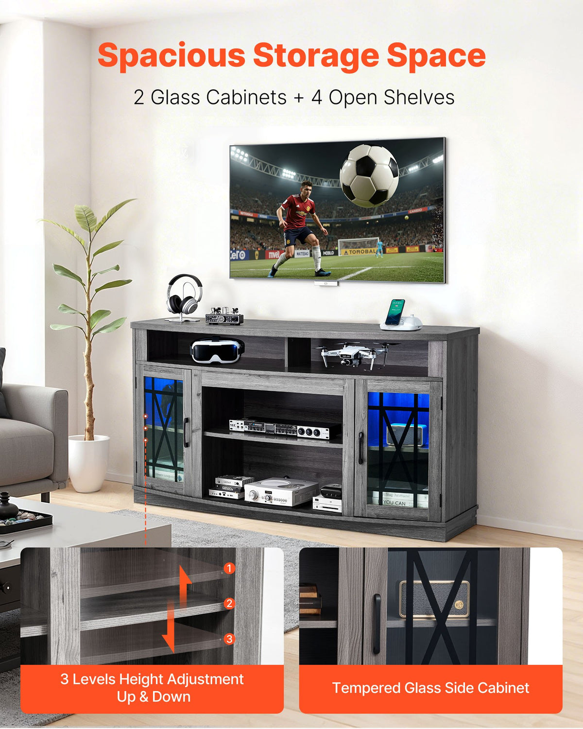 VEVOR TV Stand for TVs up to 65 inch, Farmhouse Entertainment Center with Light Strip, Wooden TV Cabinet Storage with Glass Doors and Adjustable Shelves, Console Table for Living Room, Bedroom, Gray - BLDSJ59INCHB9YBN4001V9 - view 4