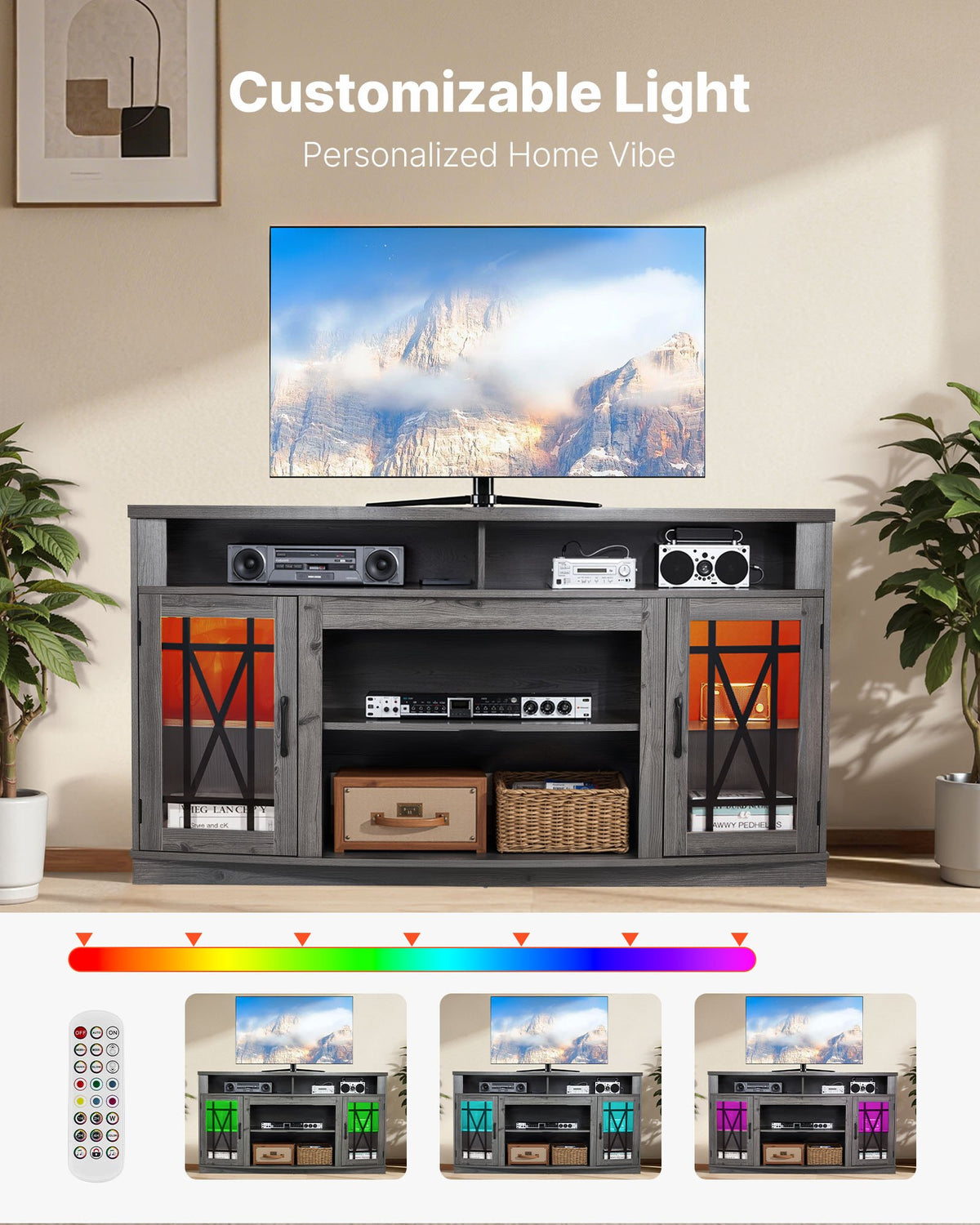 VEVOR TV Stand for TVs up to 65 inch, Farmhouse Entertainment Center with Light Strip, Wooden TV Cabinet Storage with Glass Doors and Adjustable Shelves, Console Table for Living Room, Bedroom, Gray - BLDSJ59INCHB9YBN4001V9 - view 5